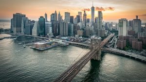 The Brooklyn Bridge and the Manhattan skyline.